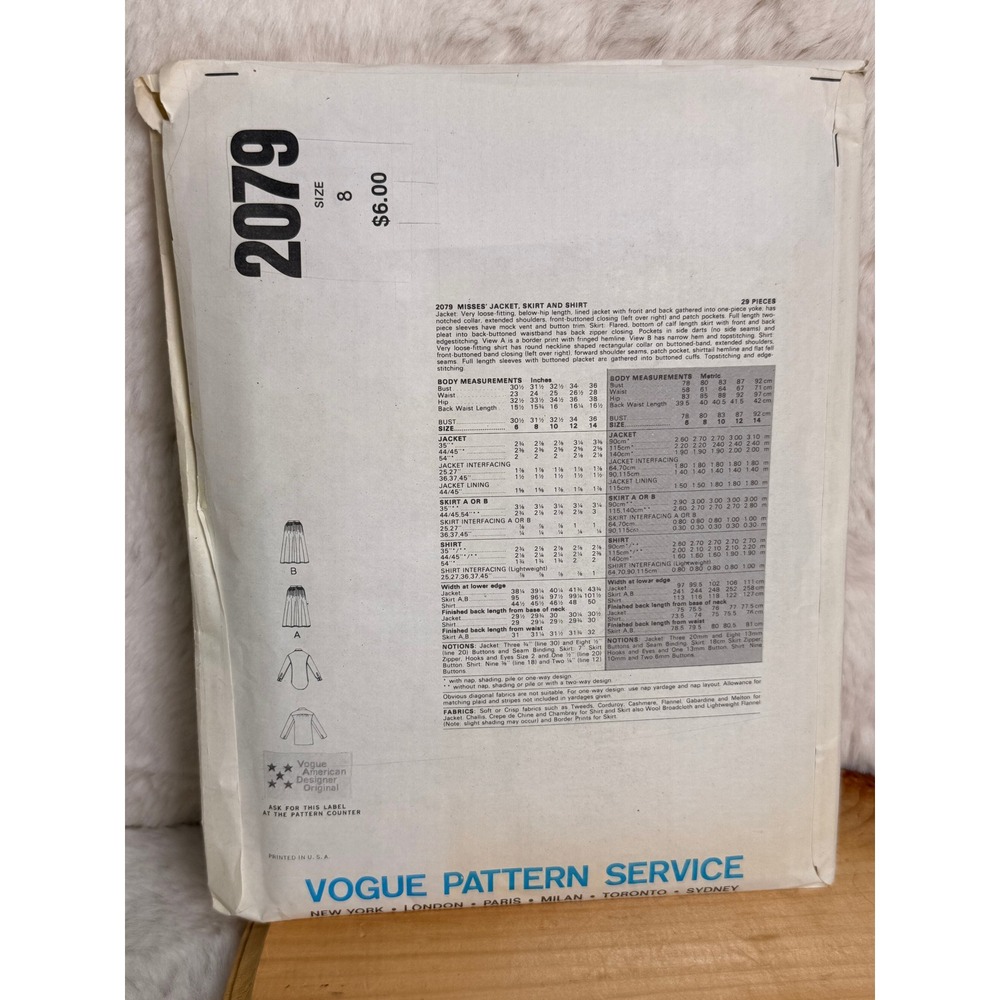Vogue 2079 Ralph Lauren Amrcn Designer Sewing Pattern Jacket Skirt Shirt 8 UNCUT - Picture 2 of 3